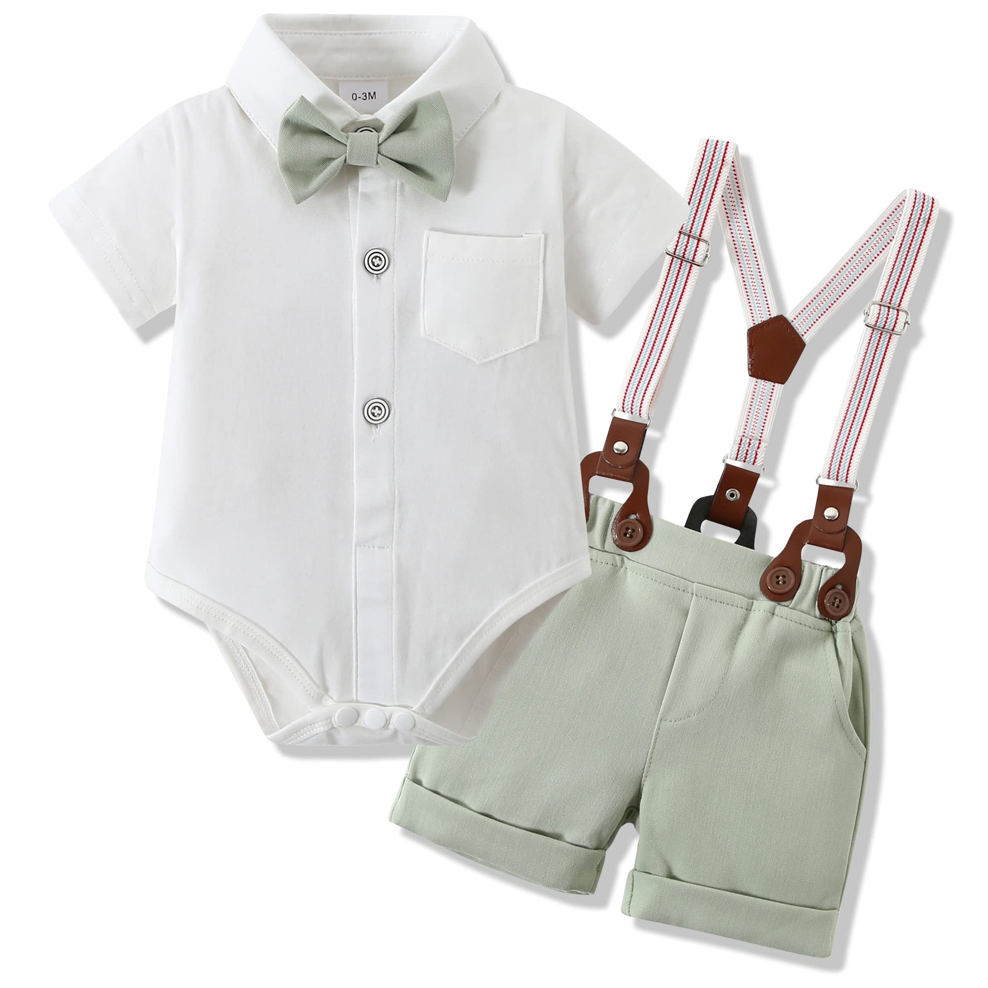 Wesidom Baby Boys Clothes 12-18 Months Gentleman Outfits, Short Sleeve Dress Romper+Bow-Tie+Detachable Suspender Shorts