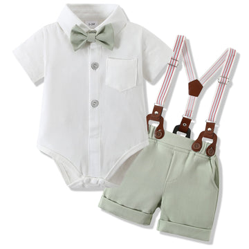 Wesidom Baby Boys Clothes 12-18 Months Gentleman Outfits, Short Sleeve Dress Romper+Bow-Tie+Detachable Suspender Shorts