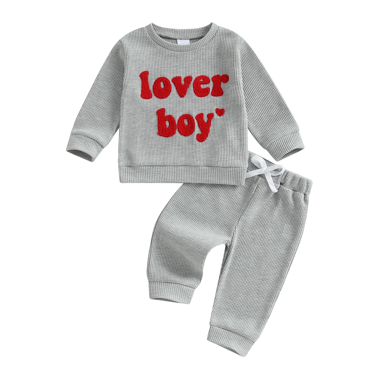 Lesimsam Toddler Baby Boy Valentine'S Day Outfit Letter Embroidery Long Sleeve Waffle Knit Sweatshirt And Pants Set(Gray, 0-6 Mo
