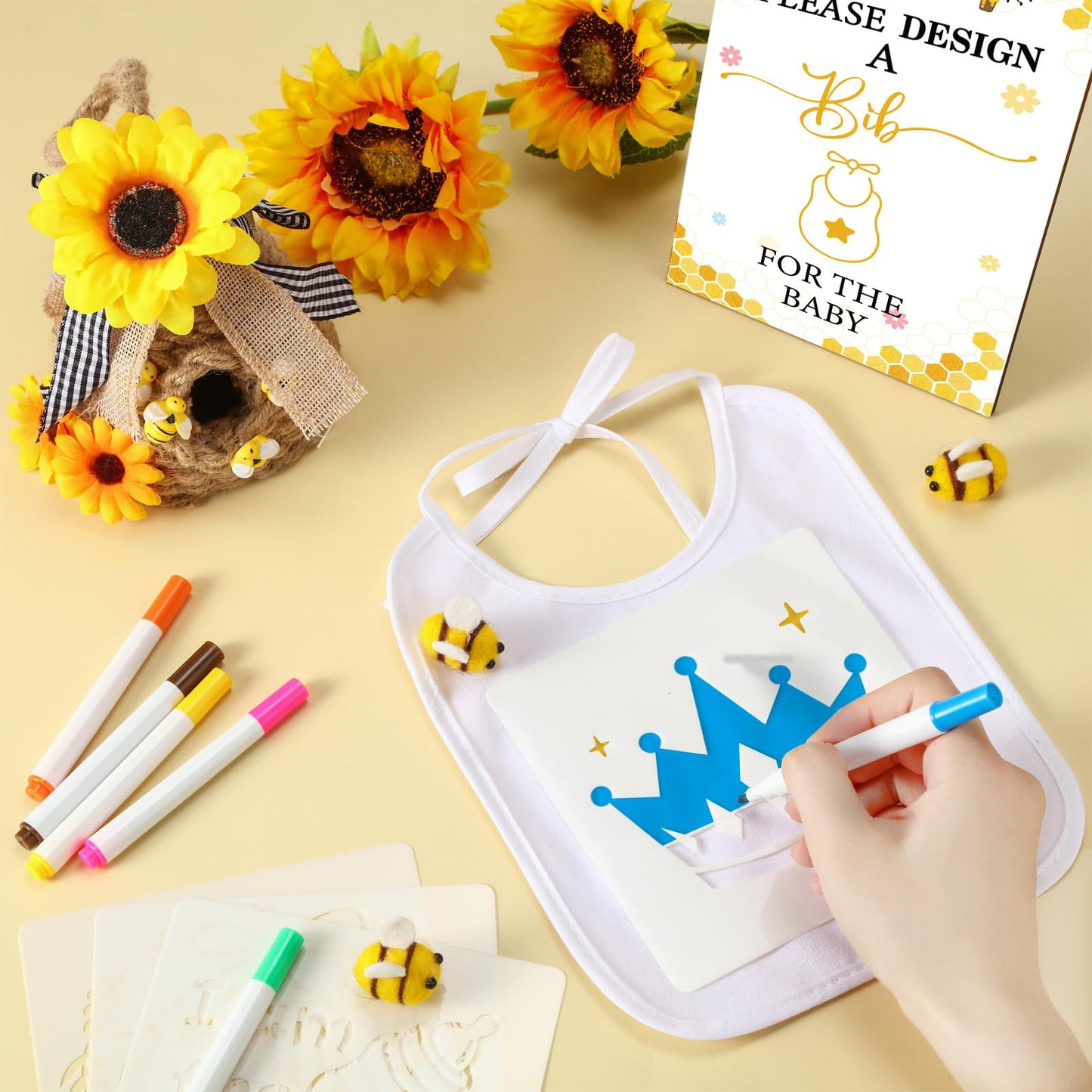 Panitay 100 Pcs Diy Baby Bibs Decorating Kit 50 White Bibs 25 Stencils 24 Fabric Markers 1 Baby Shower Game Sign(Bee)