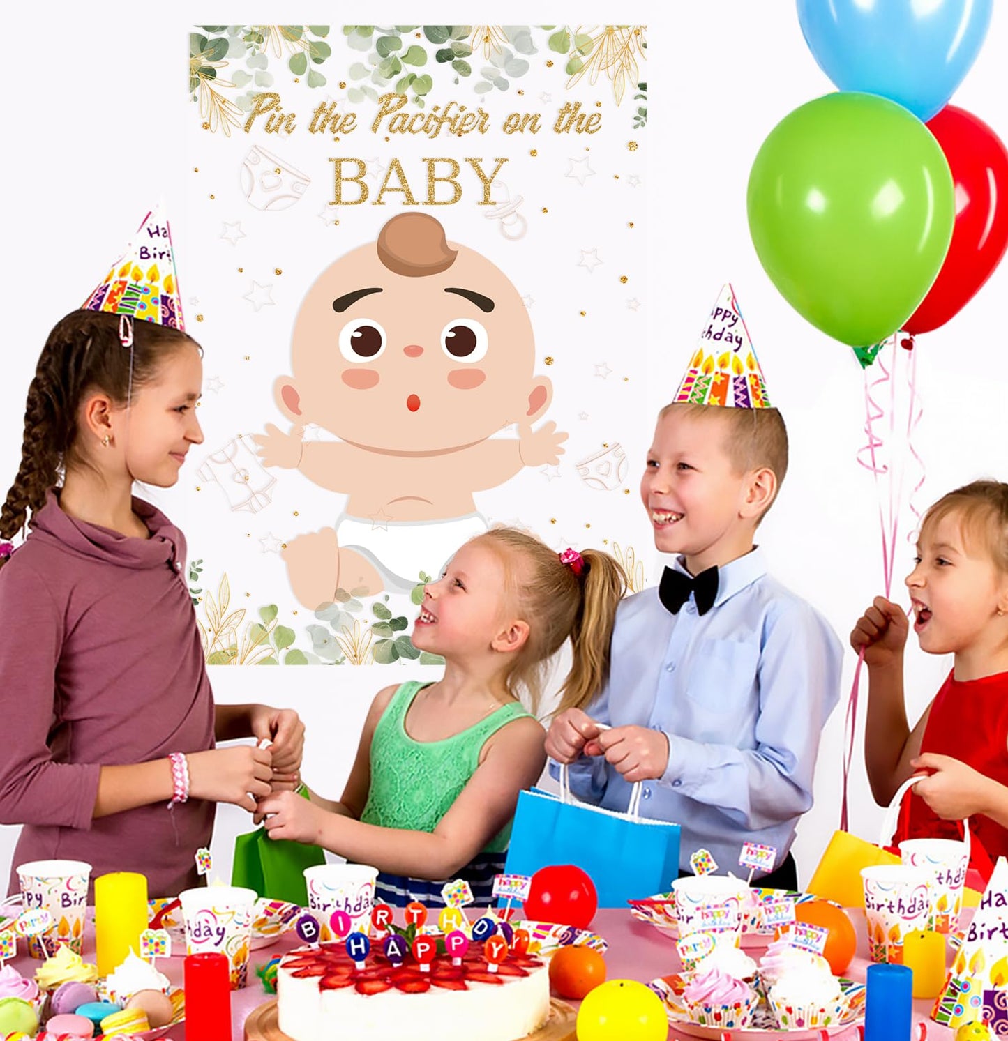 Sietdeseo Pin The Pacifier On The Baby Game - 48 Pcs Stickers, Large Eucalyptus Poster For Kids Birthday, Baby Shower Party Supp