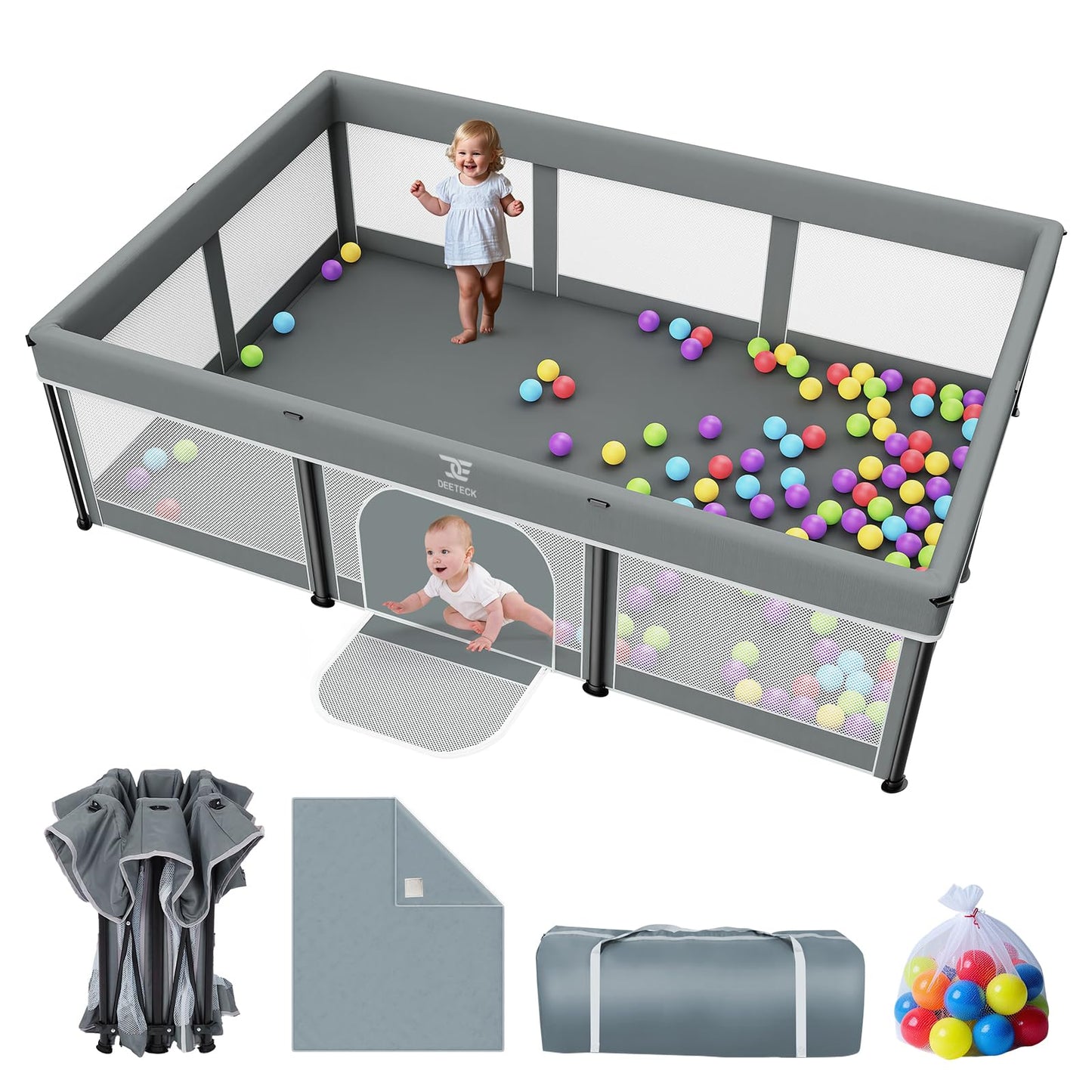 Foldable Baby Playpen with Mat - 74X50 Large Play Yard for Babies and Toddlers - Indoor & Outdoor Portable Playpen with Storage 