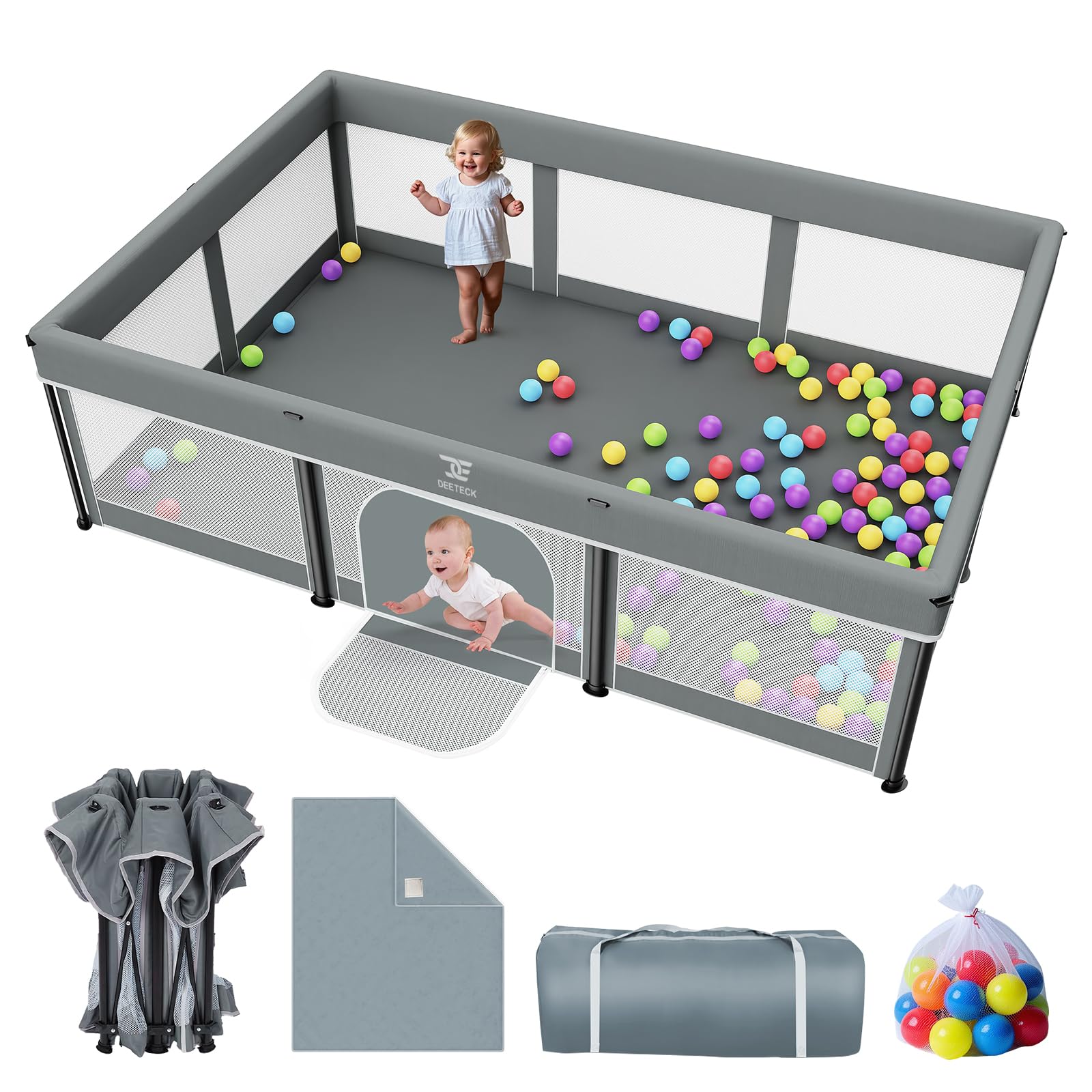 Foldable Baby Playpen with Mat - 74X50 Large Play Yard for Babies and Toddlers - Indoor & Outdoor Portable Playpen with Storage 