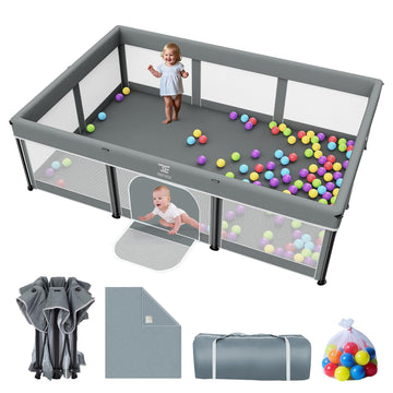Foldable Baby Playpen with Mat - 74X50 Large Play Yard for Babies and Toddlers - Indoor & Outdoor Portable Playpen with Storage 