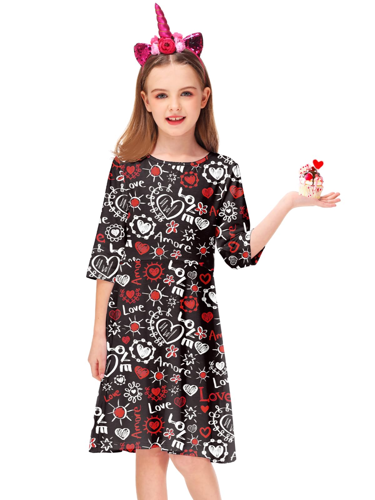 Girls Valentine Dresses Fancy Festival Graphic Printed Casual Family Party Cotton A-Line Dress 5-6 Years