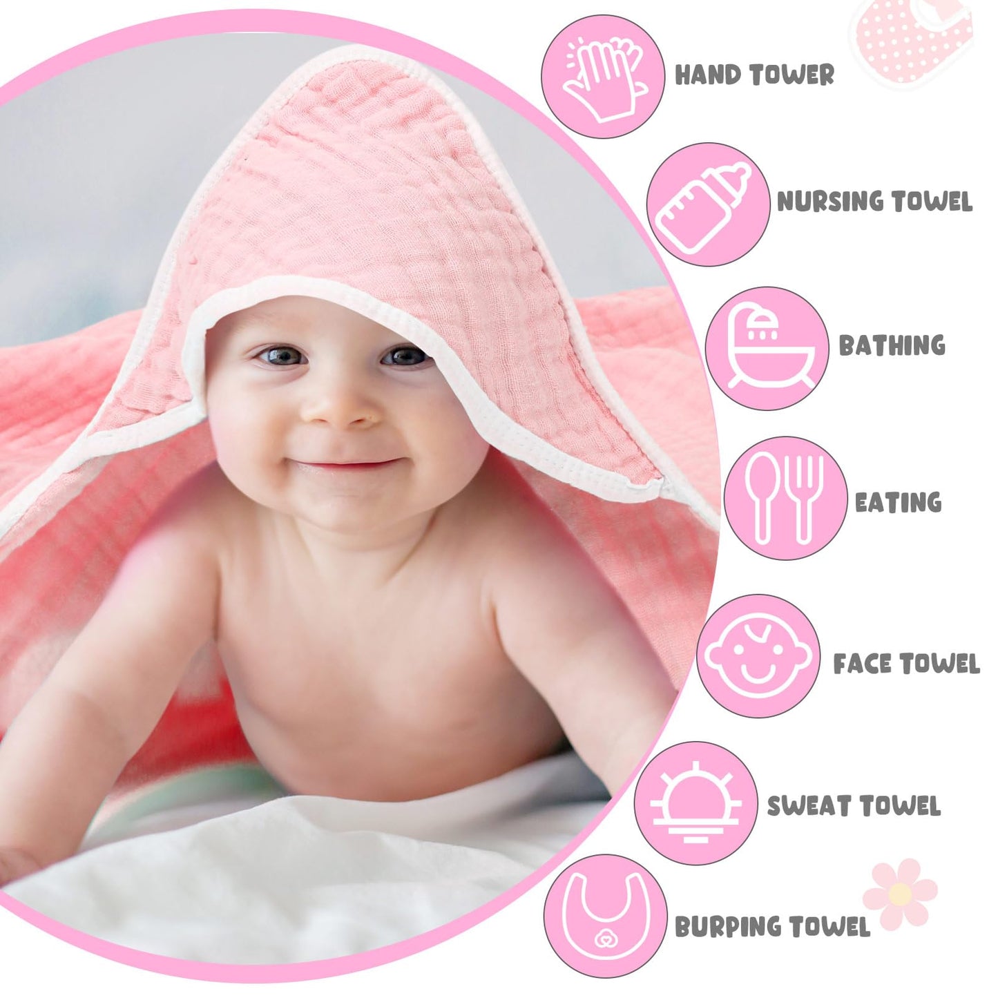 Peryiter 8 Pack Muslin Hooded Baby Bath Towels And Wash Cloth Set Soft Cotton Gauze Baby Hooded Bath Towel Wipes Absorbent Bath