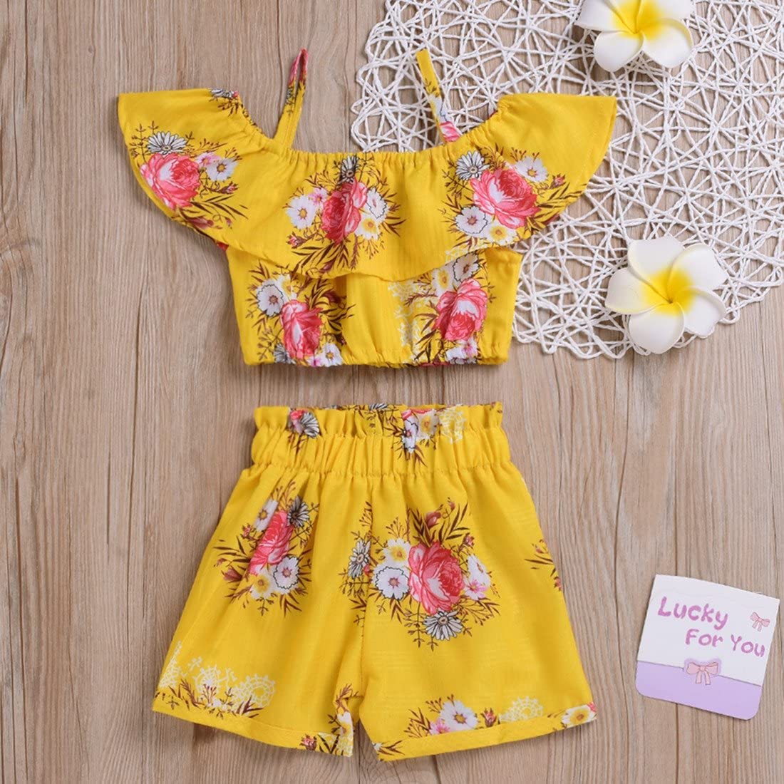 Boebnozcv Toddler Baby Girl Floral Halter Ruffled Outfits Set Yellow Strap Crop Tops+ Shorts Pants Summer Clothes Set