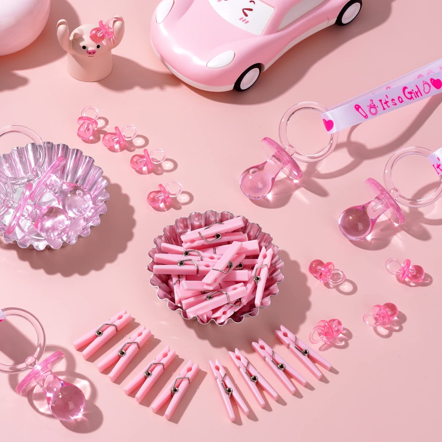 Zyflsq 144 Pieces Baby Shower Decorations Sets, 48 Baby Shower Pacifiers Necklace, 48 Mini Acrylic Pacifiers Charm And 48 Clothe