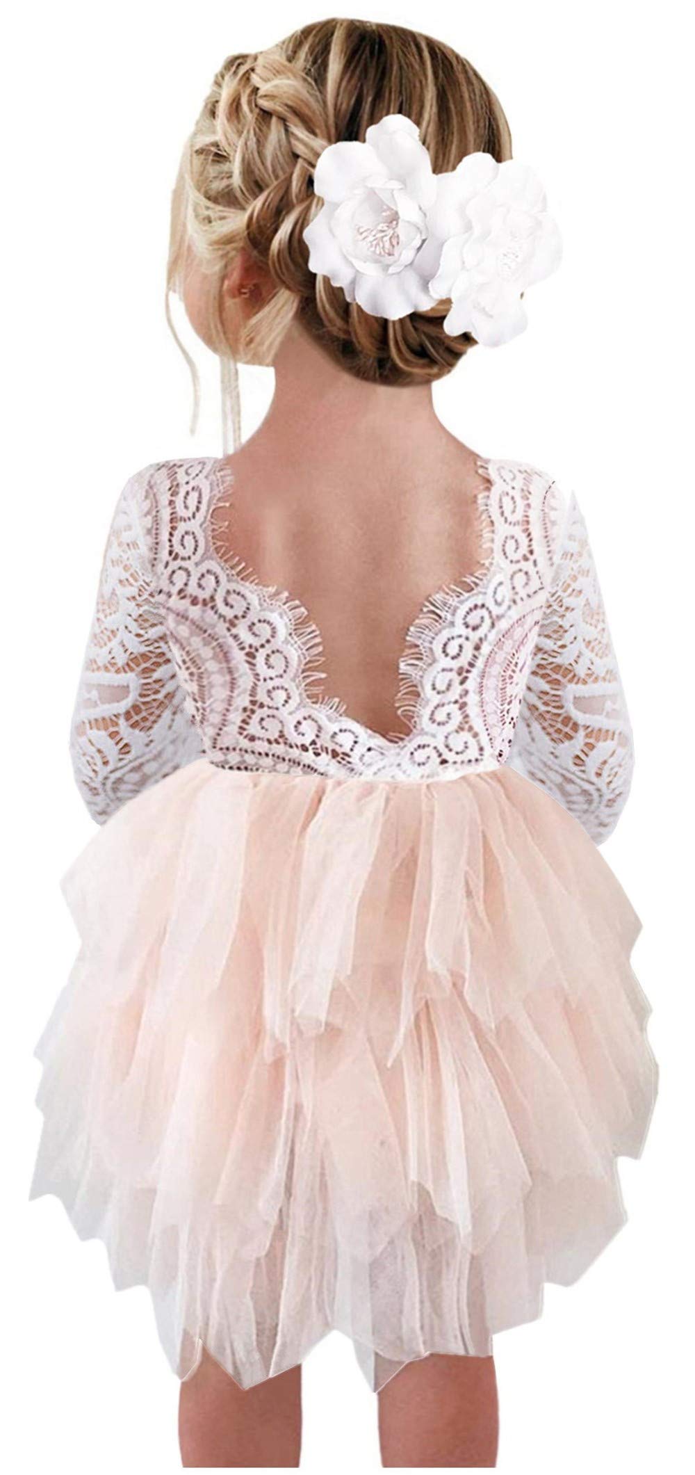 2Bunnies Girl Peony Lace Back A-Line Tiered Tutu Tulle Flower Girl Dress (Pink 3
