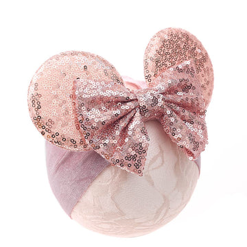 Jiahang Baby Girl Mouse Ears Turban Headwrap With Gold Sequin Bows, Wide Velvet Hairband For Newborn, Toddler, And Kids - Party