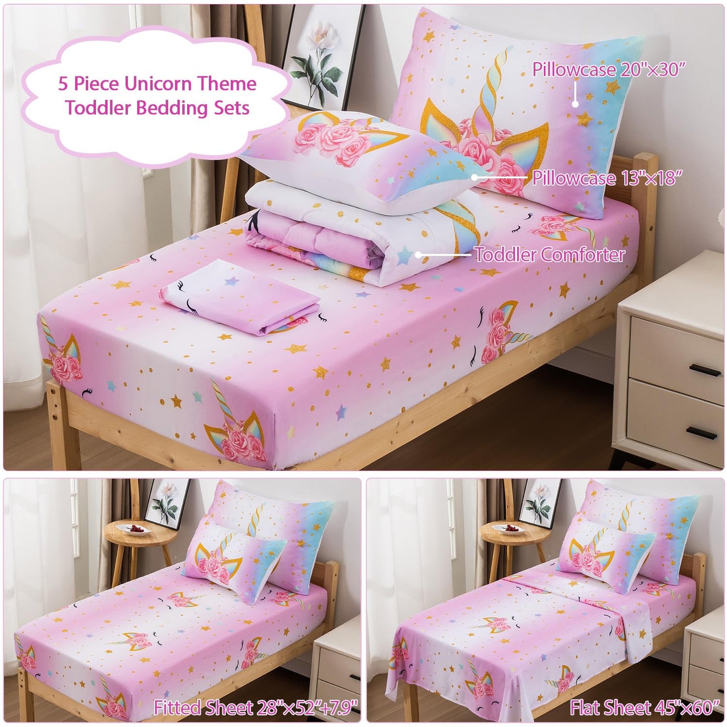 Jqinhome Toddler Comforter For Girls,5 Piece Bed In A Bag 3D Unicorn Theme Bedding Set With 2 Pillowcases,1 Flat Sheet,1 Fitted