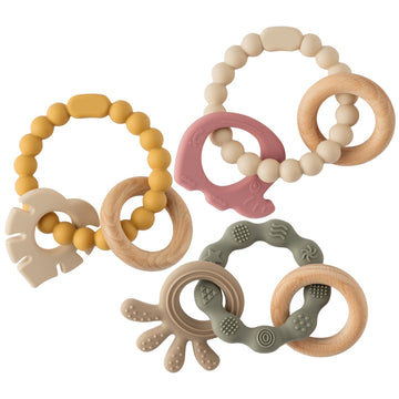 Silicone Teether Toys for Babies - 2ooya 3Pcs Animals Themed Teething Ring, Elephant Baby Sensory Chew Toys with Rattles for New