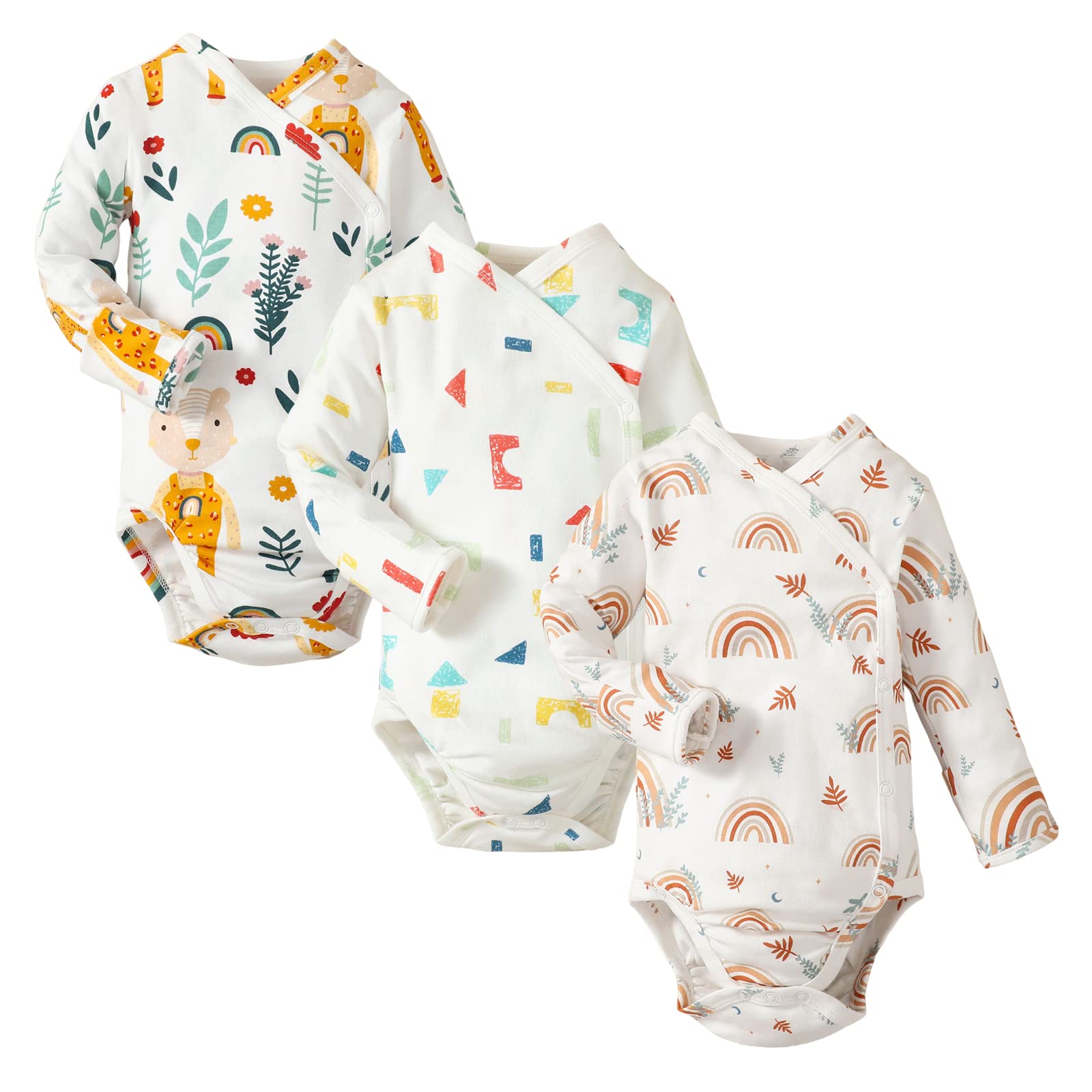 Defahn Side Snap Bodysuit Baby Kimono Onsies With Mitten-Cuffs 3-Pack Cotton Basic Pattern Boy Girl Kimono Bodysuits (Rainbow/Rb