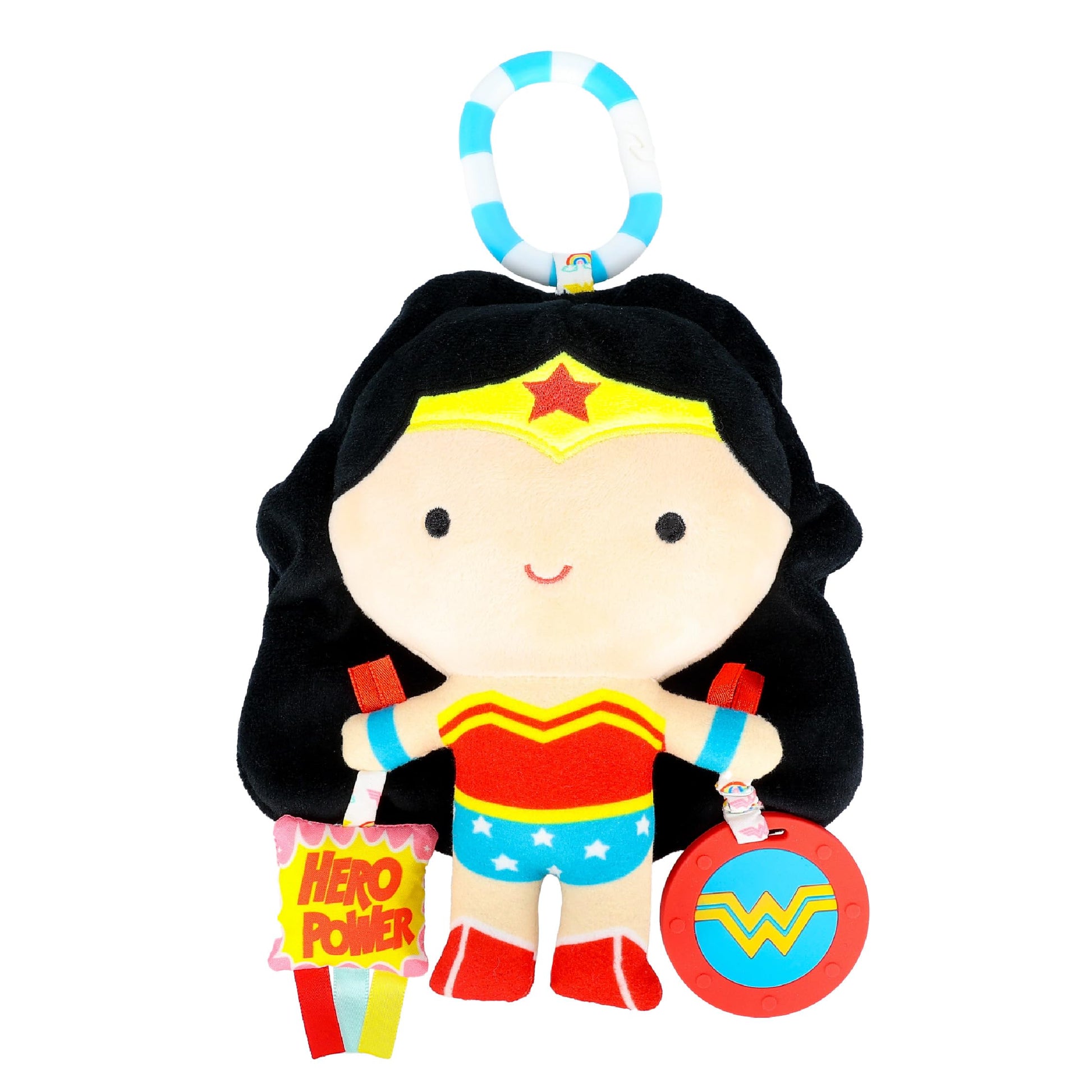 KIDS PREFERRED DC Comics Wonder Woman Multi Sensory Activity Toy with Teethers, Crinkle Textures, and Clip for On The Go Fun for
