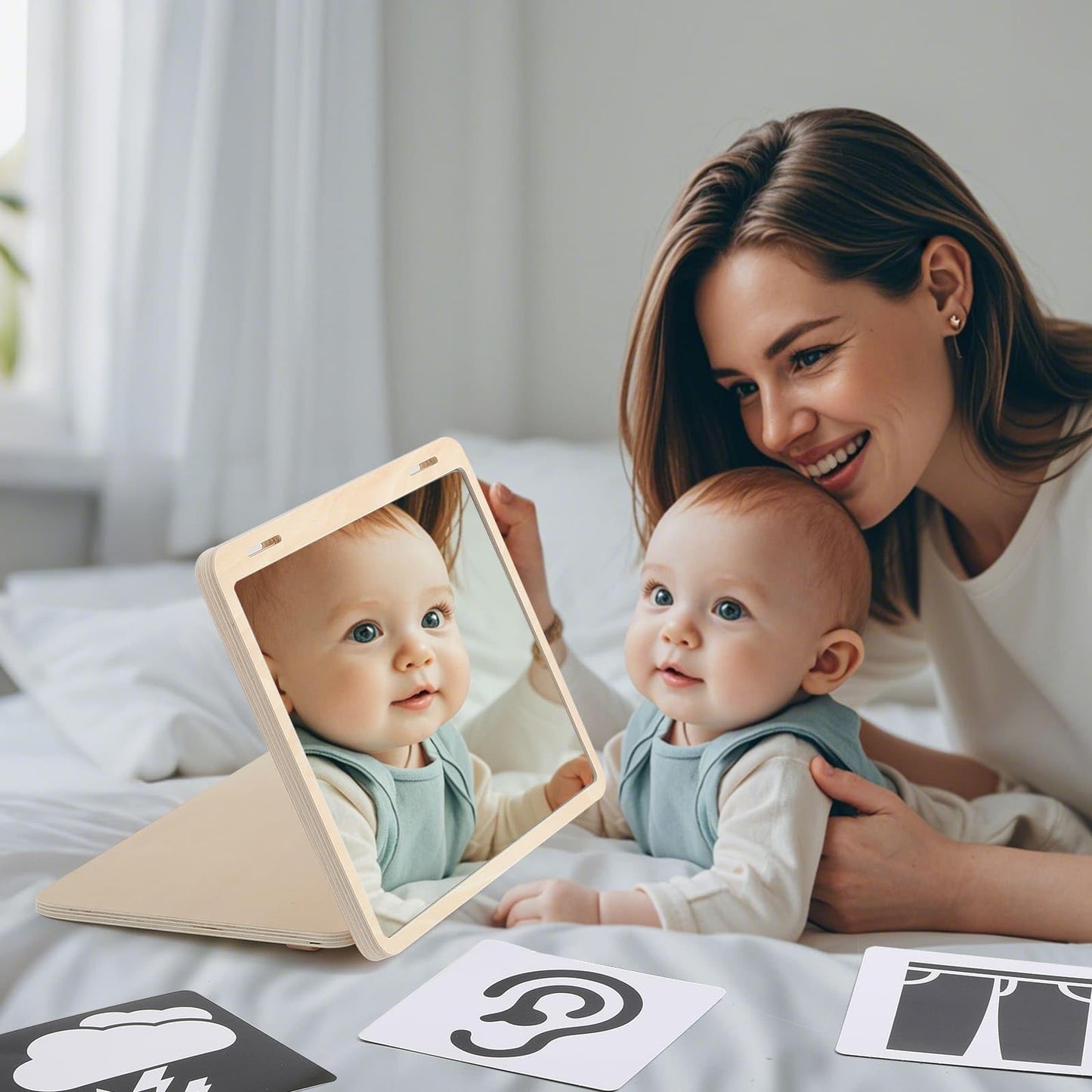 IEATFO Tummy Time Play Set Adjustable Angle, Double-Sided Design, Montessori Tummy Time Toys Large Baby Safe Mirror and Card Dis