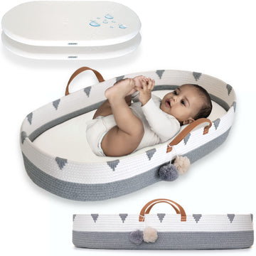 Vesta Baby Woven Cotton Rope Moses Changing Basket Set - Nursery Dresser Table Topper With Soft Foam Pad & 2 Natural Bamboo Wate