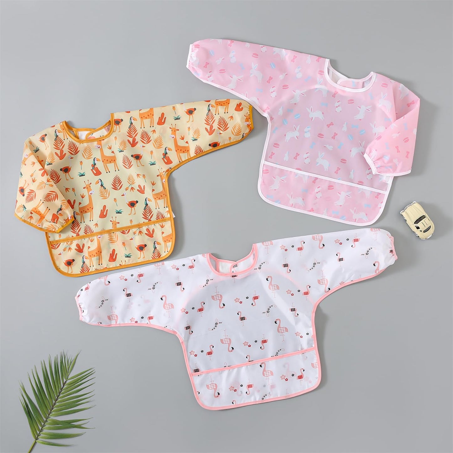 Hafftnun 5-Pack Baby Long Sleeve Waterproof Bib Full Coverage Apron Bib Smock Toddler Bibs With Pocket 3-30 Months