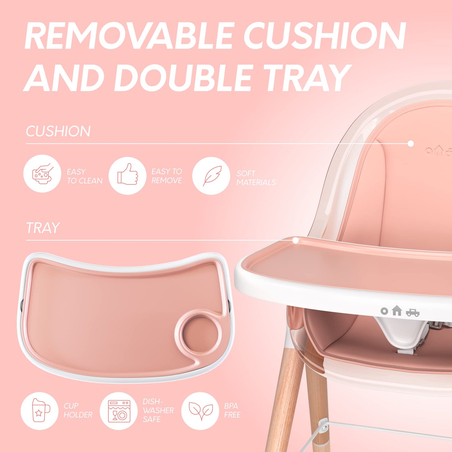 Children of Design 6 in 1 Deluxe Wooden High Chair for Babies & Toddlers Modern Safe Compact Baby Highchair, Easy to Clean, Remo