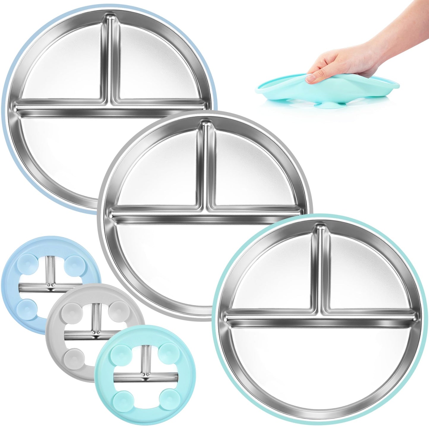 Stainless Steel Toddler Plates Silicone Suction,3 Packs Non-Slip Baby Plates,Divided Portion,Food-Grade Silicone Plate for Kids,