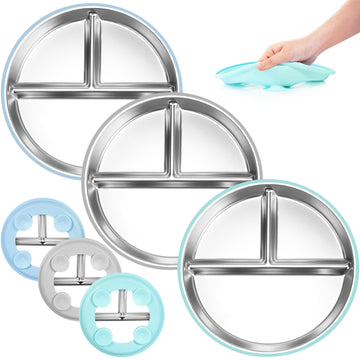 Stainless Steel Toddler Plates Silicone Suction,3 Packs Non-Slip Baby Plates,Divided Portion,Food-Grade Silicone Plate for Kids,