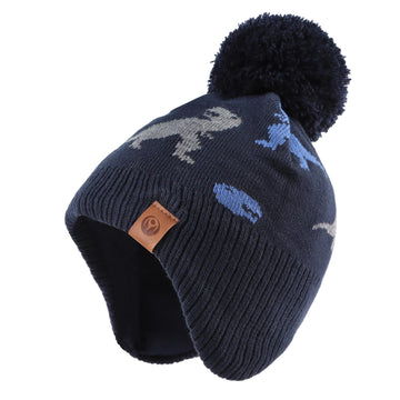 Jangannsa Knitted Baby Hat Winter Warm Boys Girls Beanie Fleece Lining Toddler Kids Hat With Pompom (Dinosaur Navy Hat, L)