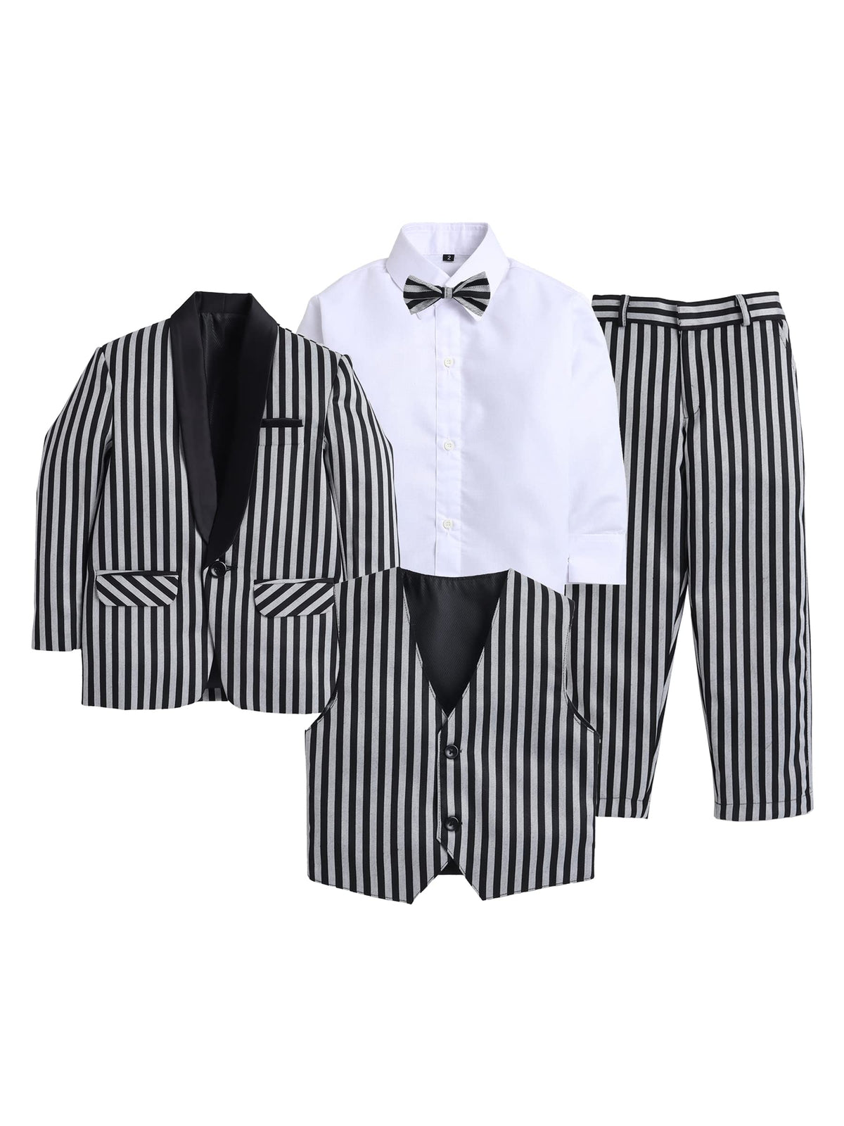 Jeetethnics Boys Black Striped Coat Suit Set With Waistcoat Shirt And Trousers (9080H)