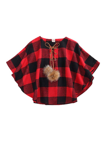 Toddler Baby Girl Christmas Outfits Plaid Poncho Coat Trench Bat Sleeve Pompom Cloak Cape Fall Winter Outwear (Red Black, 1-2 Ye