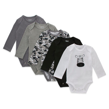 Hanes Unisex Baby Long Sleeve Bodysuit, Ultimate Flexy Boys & Girls, 5-Pack, Grey/Black, 6-12 Months Us