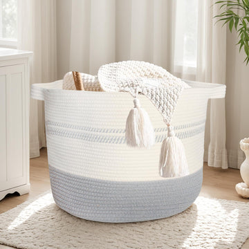 55L Woven Cotton Rope Storage Basket with Handles: 17.7x13.7 Laundry Hamper, Nursery Storage and Laundry Basket for Clothes, Bla