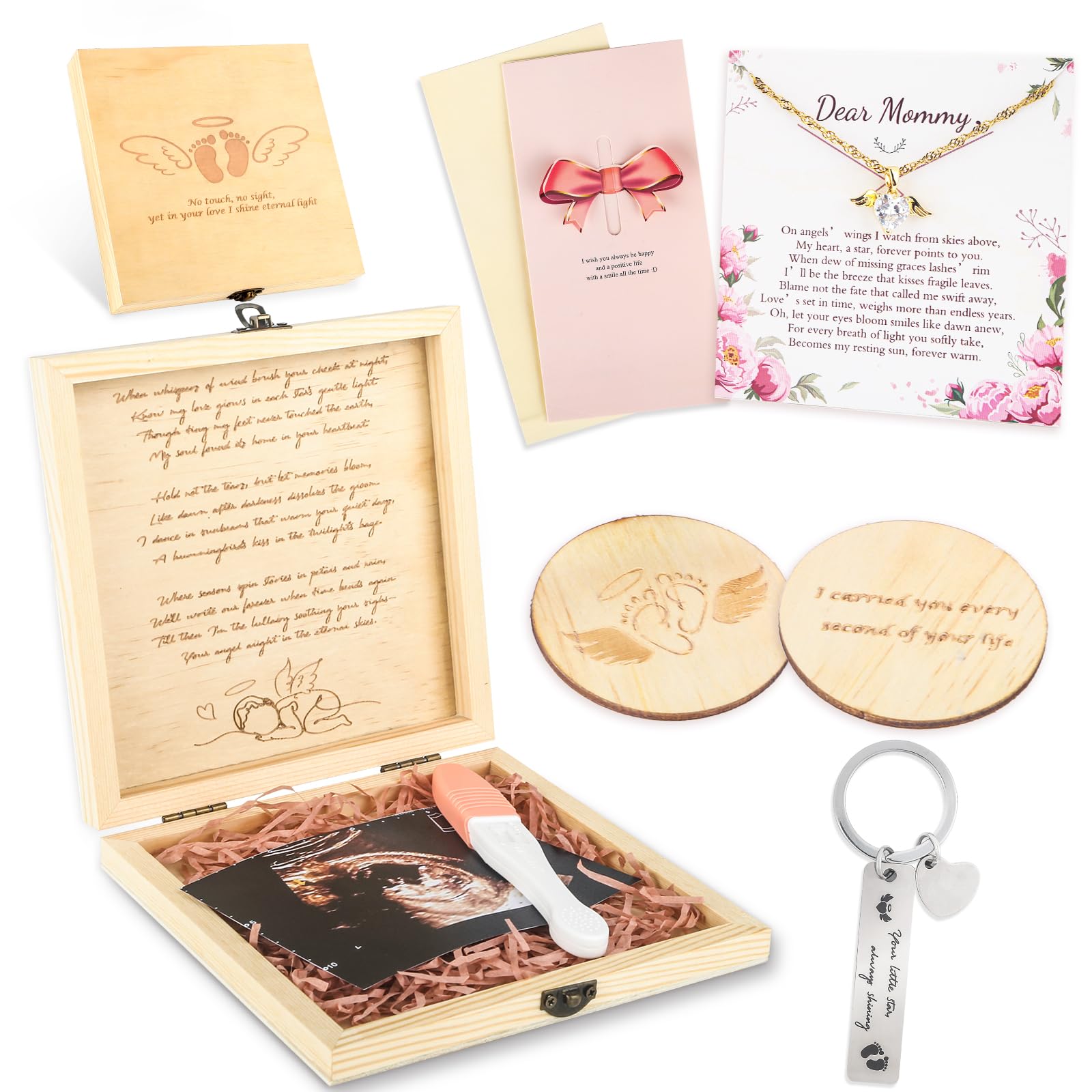 Wisreach 7PCS Miscarriage Gifts for Mothers, Handcrafted Wooden Memorial Box with Miscarriage Necklace - Infant Loss Keepsake, L