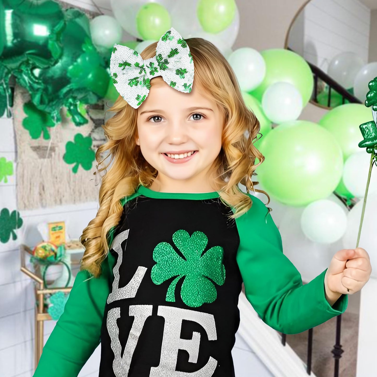 Lanmerry St.Patrick'S Day 5 Inch Sequins Bow Hair Clips Clover Glitter Bow Green Hairpins Alligator Barrettes Large Hair Bows Co