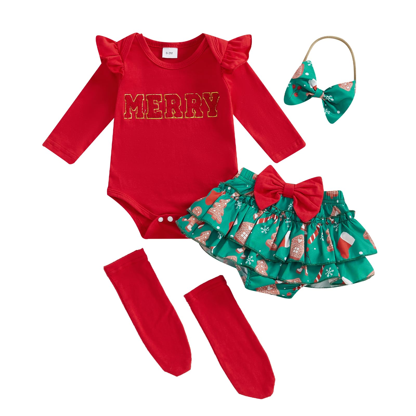 Beqeuewll Baby Girl Christmas Outfits Letter Embroidery Long Sleeve Romper With Ruffled Shorts And Headband Socks 4Pcs Set (Merr