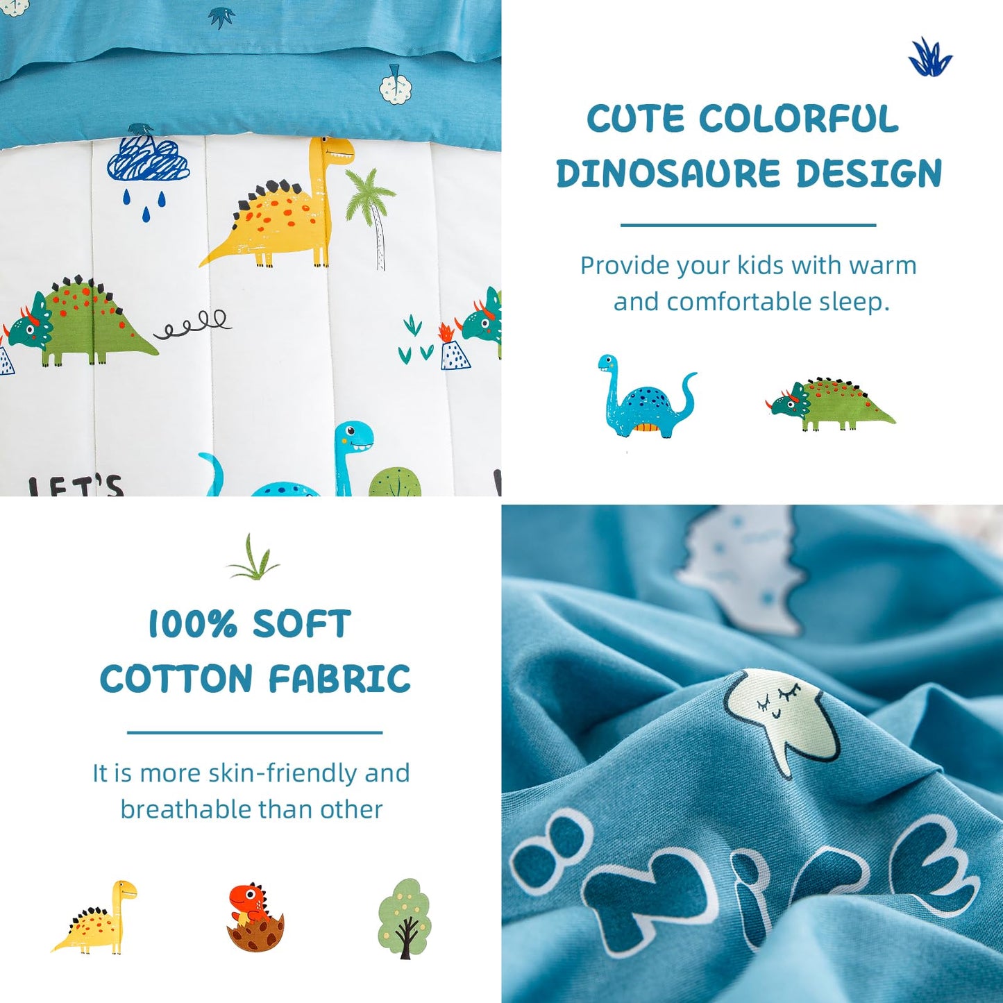 Djy Cotton Toddler Bedding Set For Boys Girls, 4 Pieces Dinosaur Toddler Bed Comforter Set, Includes Quilted Comforter, Flat She
