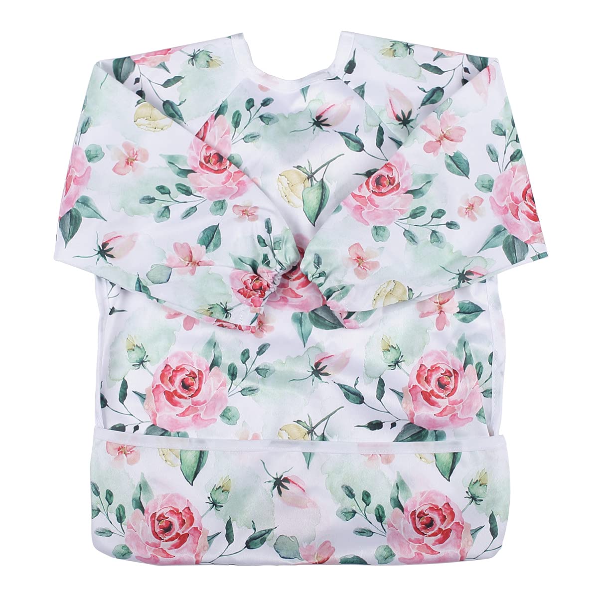 Sigzagor Baby Bib Sleeved Shirt With Pocket 1-3 years old Toddler Drawing (Pink Flowers Rose)