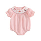 Licupiee Baby Girl Smocked Western Romper Short Sleeve Bubble Rompers Summer Clothes Plaid Print Embroidery Bow Bodysuit Tops (P