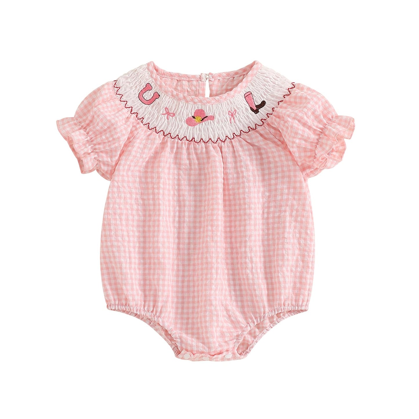 Licupiee Baby Girl Smocked Western Romper Short Sleeve Bubble Rompers Summer Clothes Plaid Print Embroidery Bow Bodysuit Tops (P