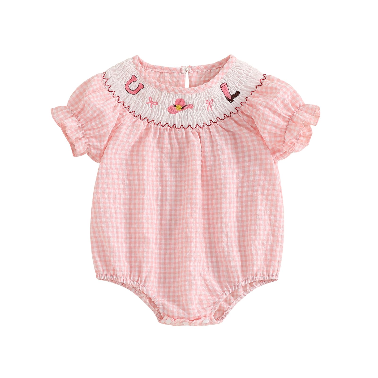Licupiee Baby Girl Smocked Western Romper Short Sleeve Bubble Rompers Summer Clothes Plaid Print Embroidery Bow Bodysuit Tops (P