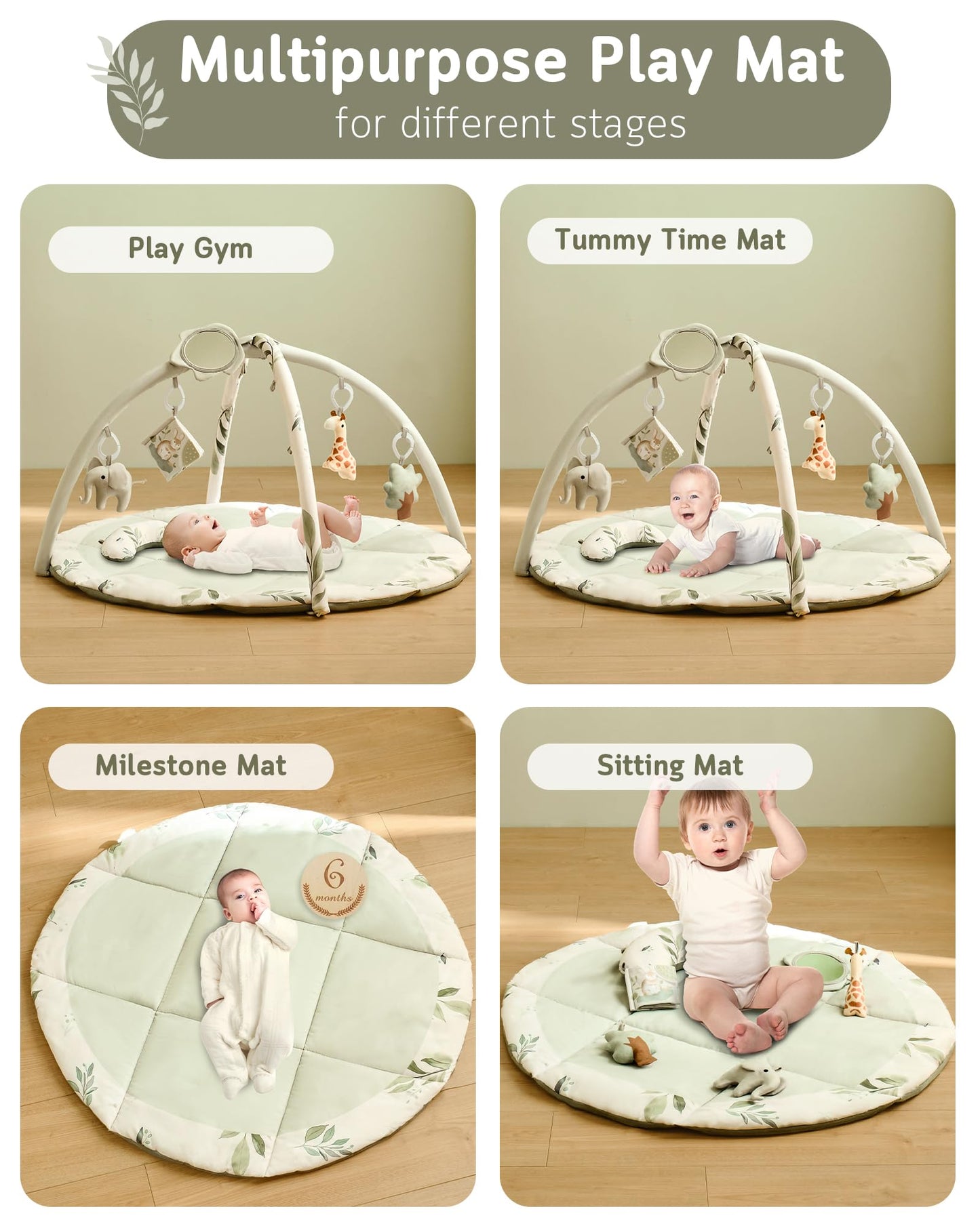 Fortella Baby Play Gym & Activity Mat, Tummy Time Mat W 5 Detachable Toys And Pillow, Large Sensory Playmat For Floor, Newborn I