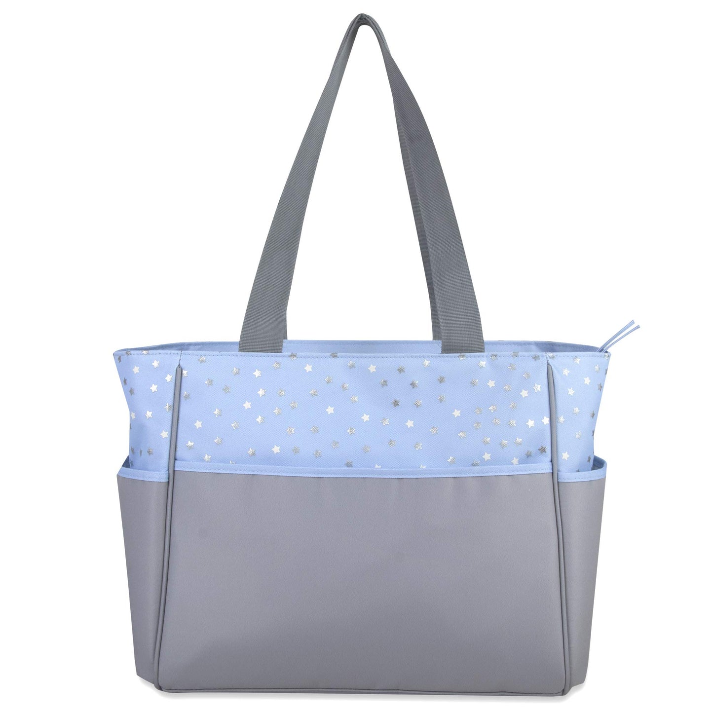 Diaper Bag Tote 5 Piece Set With Sun, Moon, And Stars, Wipes Pocket, Dirty Diaper Pouch, Changing Pad (Grey/Blue)