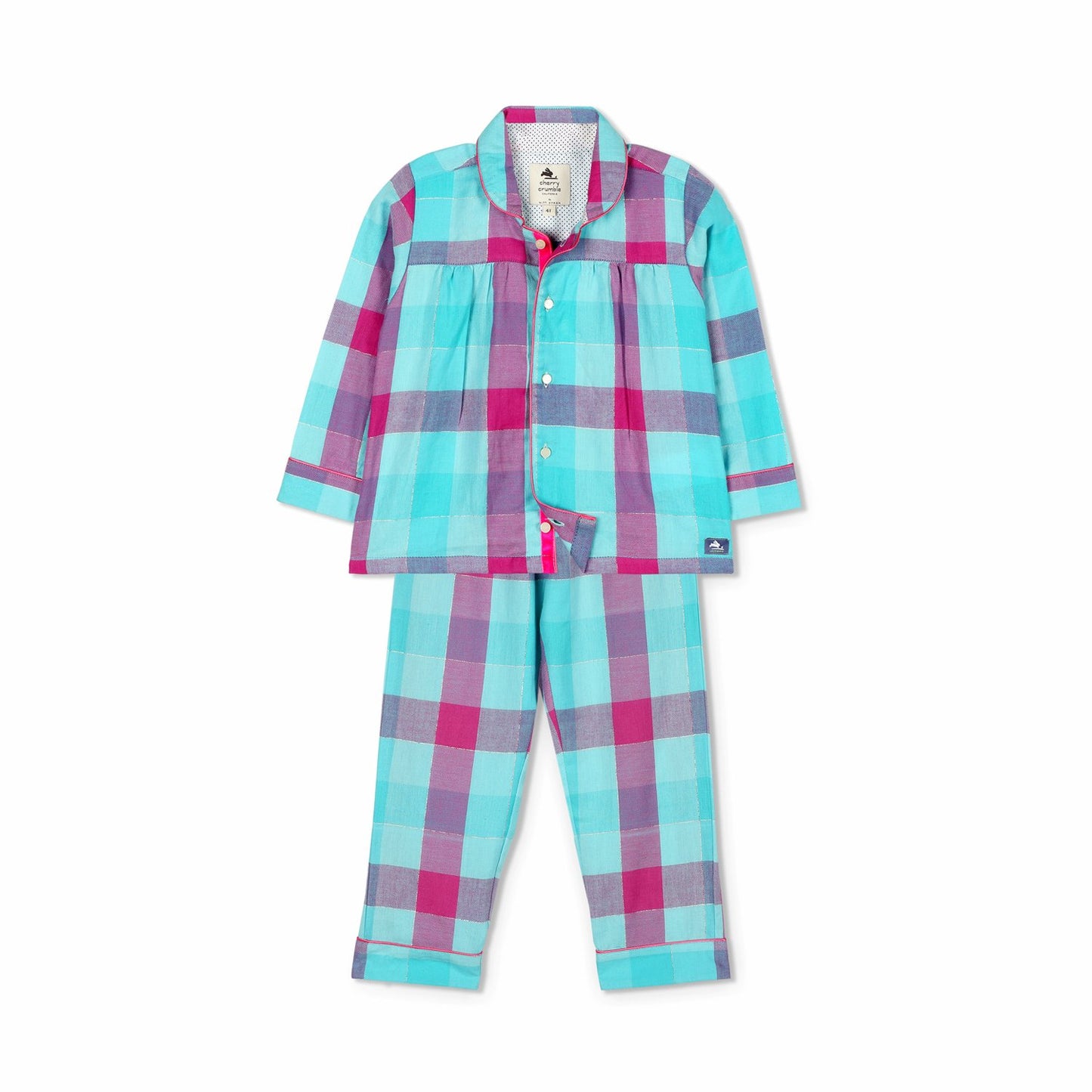 Cherry Crumble Blue Checkered 100% Cotton Full Sleeves Collar Neck Night Wear Regular Fit Summer Nightsuit for Girls