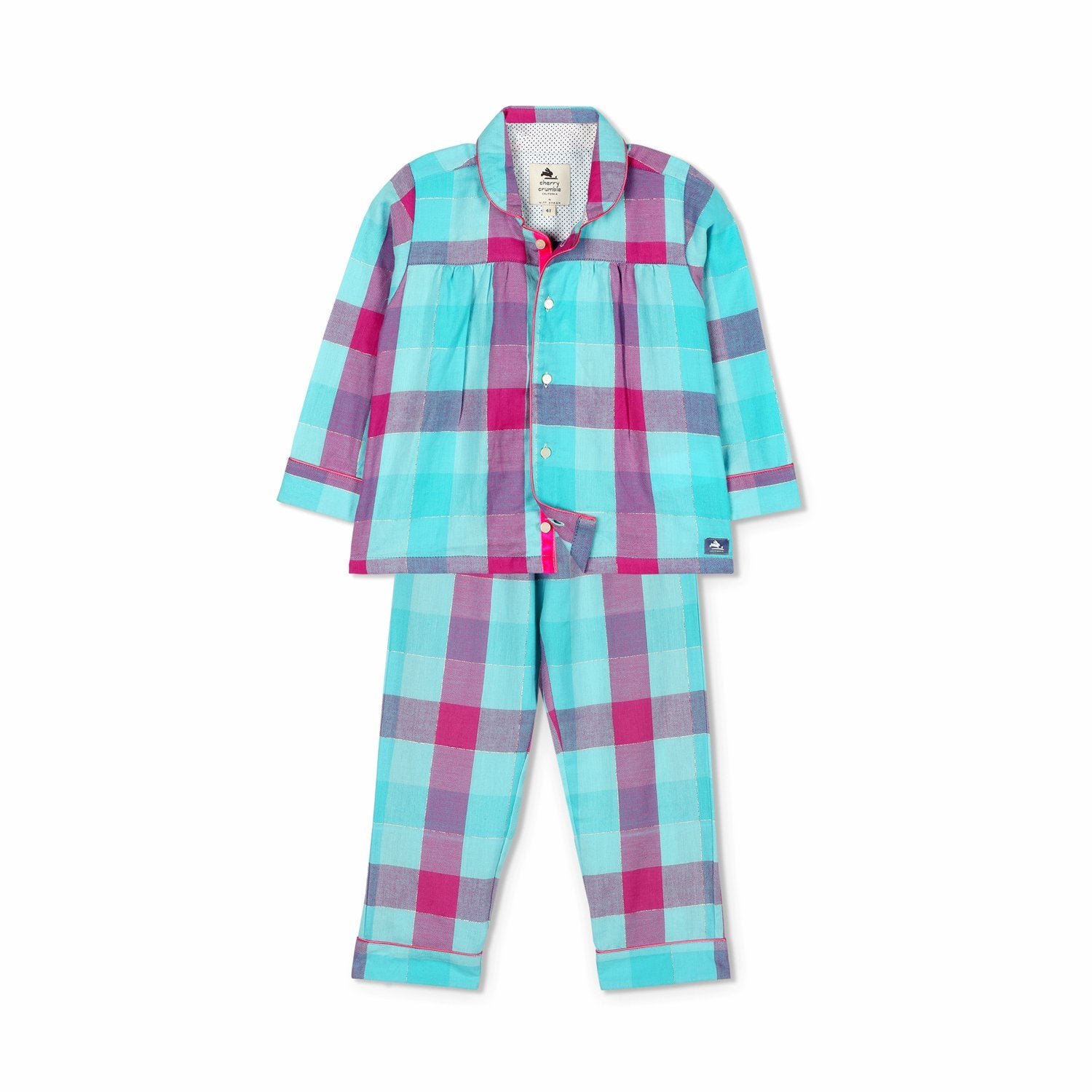 Cherry Crumble Blue Checkered 100% Cotton Full Sleeves Collar Neck Night Wear Regular Fit Summer Nightsuit for Girls
