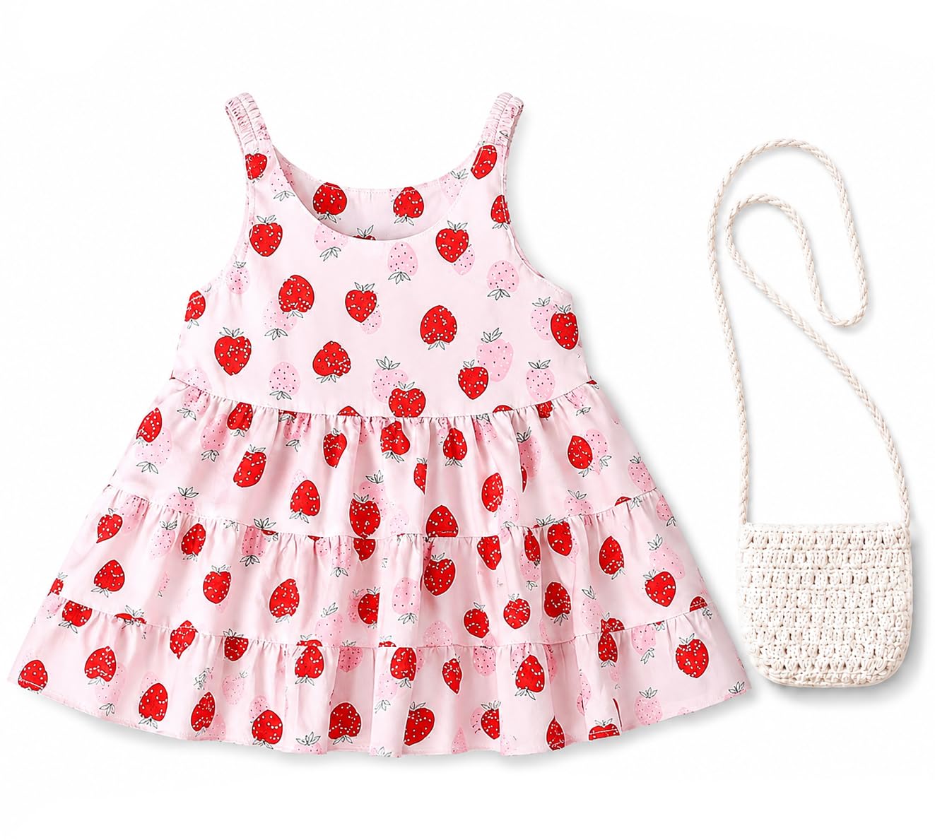 Bold N Elegant Sleeveless Sailor Collar Strawberry Print Party Dress Frock With Bag Purse For Infant Toddler Baby Girls (34 Yea