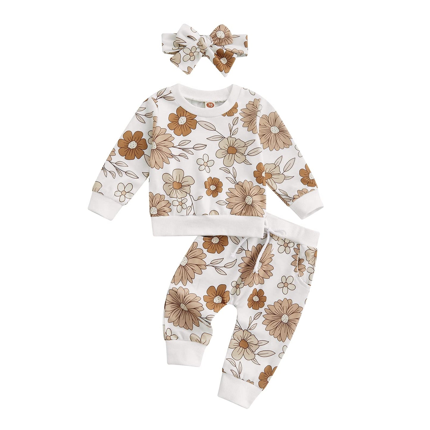 3Pcs Baby Girl Outfits Floral Sweatshirt + Pants + Headband Infant Fall Winter Clothes White 6-12 Months