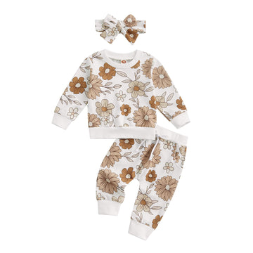 3Pcs Baby Girl Outfits Floral Sweatshirt + Pants + Headband Infant Fall Winter Clothes White 6-12 Months