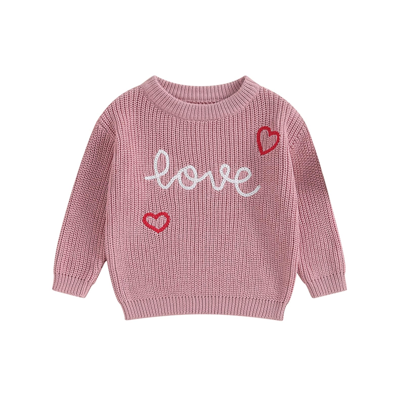 Baby Girl Cute Long Sleeve Crew Neck Love Embroidery Sweater Toddler Valentine Day Outfits (Rose Pink Love, 9-12 Months)