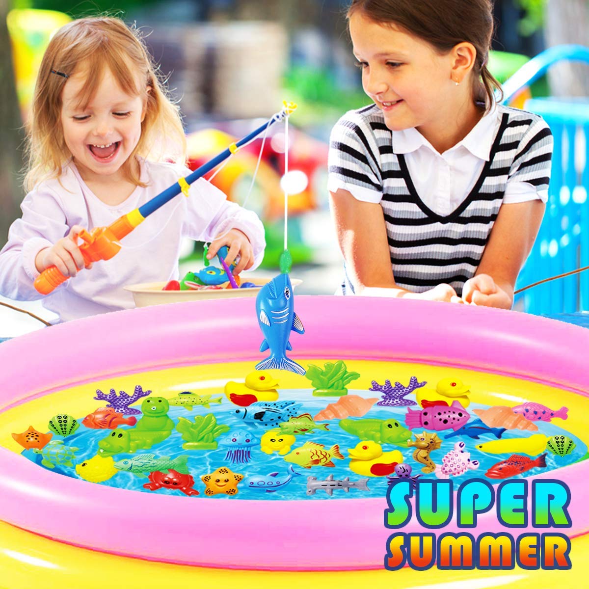 CozyBomB Magnetic Fishing Toys Game Set for Kids | Water Table Bathtub Kiddie Pool Party with Pole Rod Net, Plastic Floating Fis