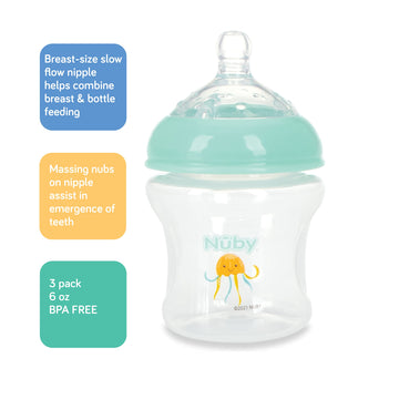 Nuby 3-Pack Infant Feeding Bottles With Slow Flow Breast Size Silicone Nipple: 0+ Months, 6Oz, 3 Pack Set: Delicate Whale, Jelly