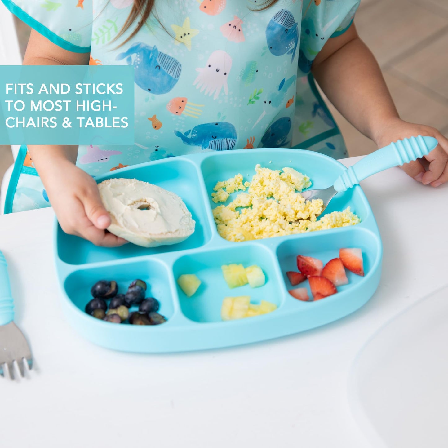 Bumkins Toddler And Baby Suction Plate, Silicone Divided Grip Dish And Lid, Large 5-Section Tray For Kids, Essentials In Childre