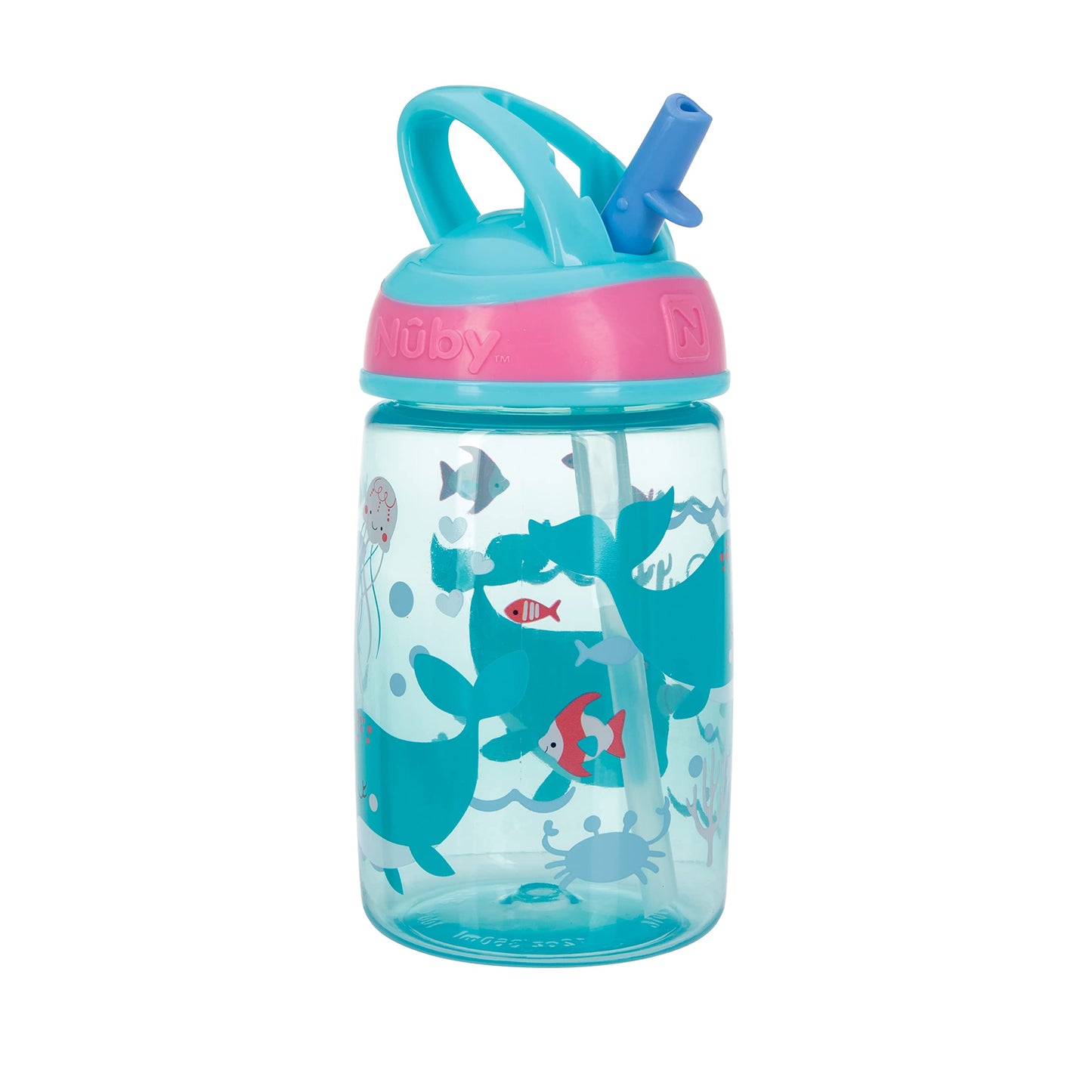 Nuby Flip-It Kids On-The-Go Printed Water Bottle With Bite Proof Hard Straw - 12Oz / 360 Ml, 18+ Months, 1 Pack Of 1 Piece, Prin