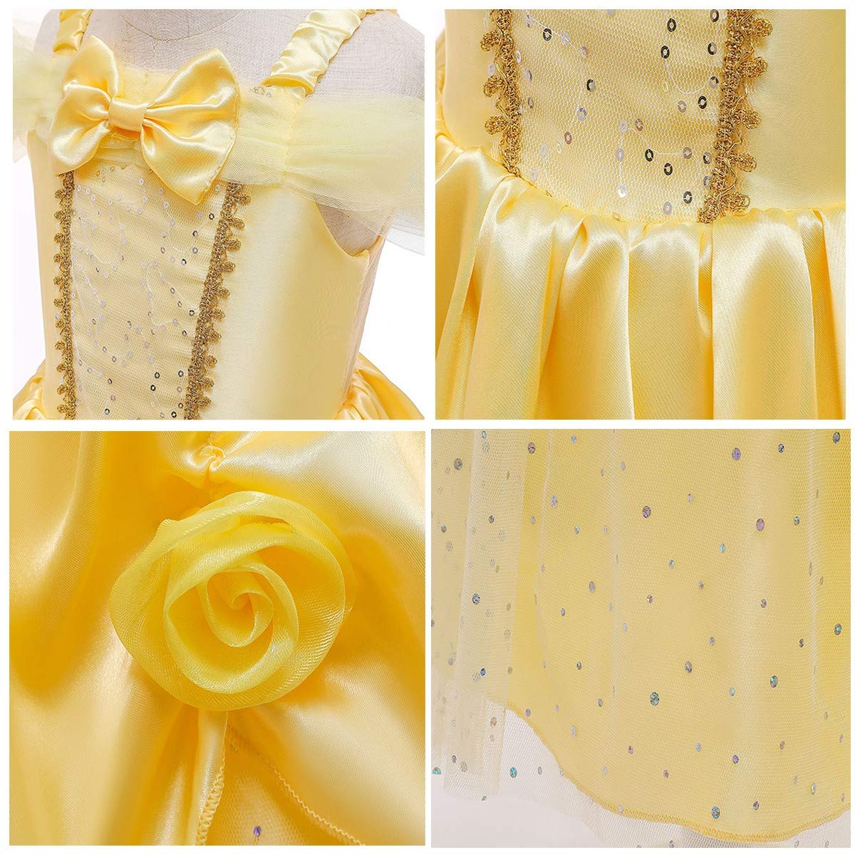Fmyfwy Girls Belle Princess Fancy Dress Beauty And Beast Outfits Halloween Christmas Wedding Birthday Gown W/Accessories,Yellow
